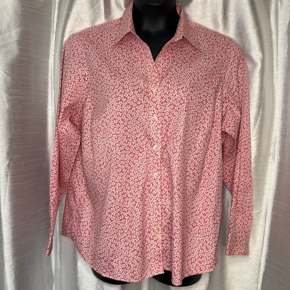 Lands’ End Women’s 20W Pink White Floral Microprint No Iron Pinpoint Oxford Top - Picture 1 of 7